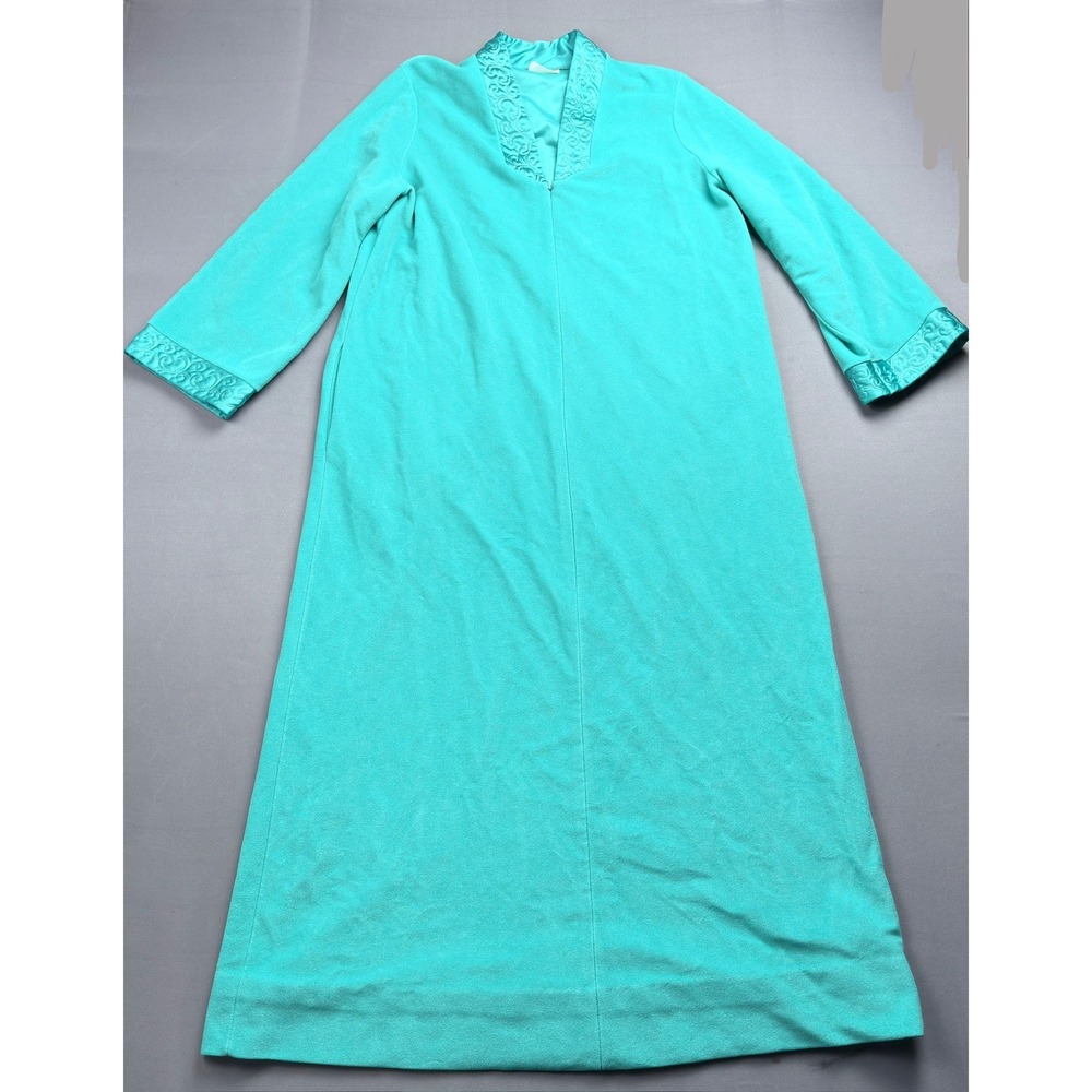 Vintage JC Penny Robe Medium‎ Blue Green Embroidered Lounge Long Gown